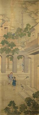 Appraisal: A Chinese scroll painting depicting Europeans in a townscape cm