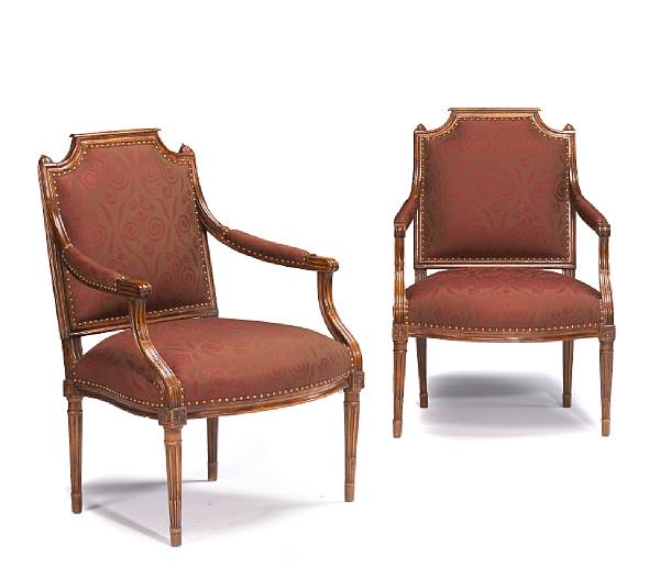 Appraisal: A pair of Louis XVI walnut fauteuils la reine fourth