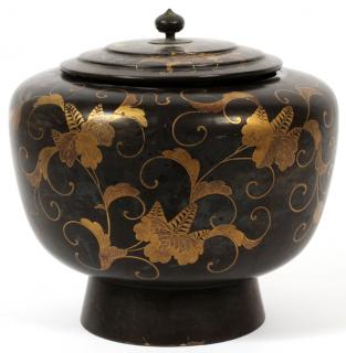 Appraisal: JAPANESE LACQUERED WOOD COVERED URN MEIJI PERIOD JAPANESE LACQUERED WOOD