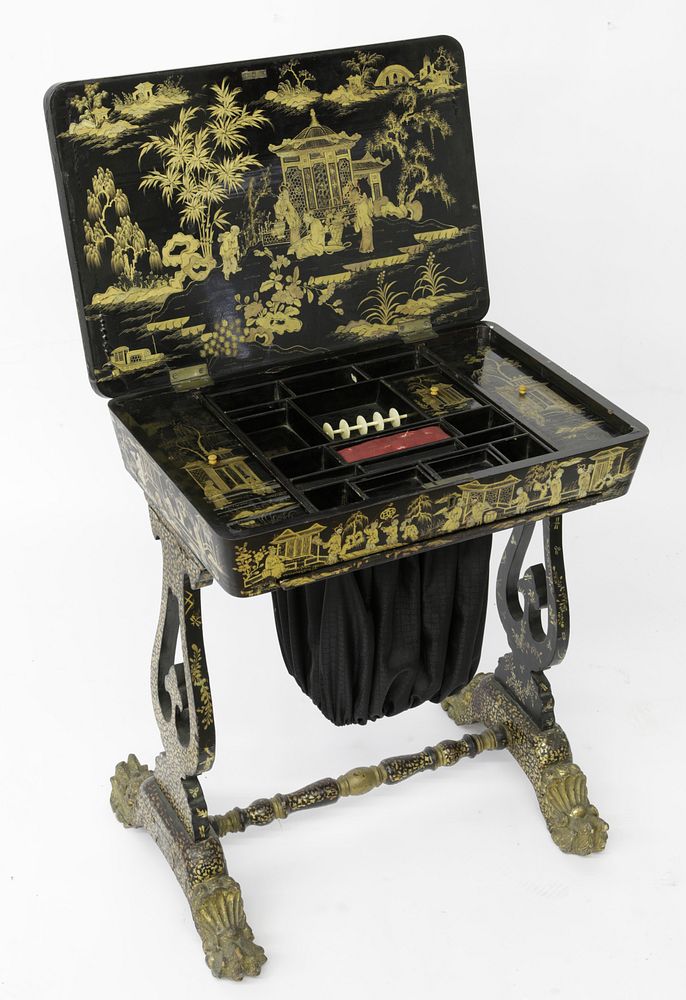 Appraisal: Chinese Export Chinoiserie Sewing Table circa Chinese Export Chinoiserie Sewing