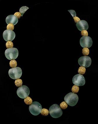 Appraisal: Mesopotamian Blue-Green Glass Necklace with Gold Beads