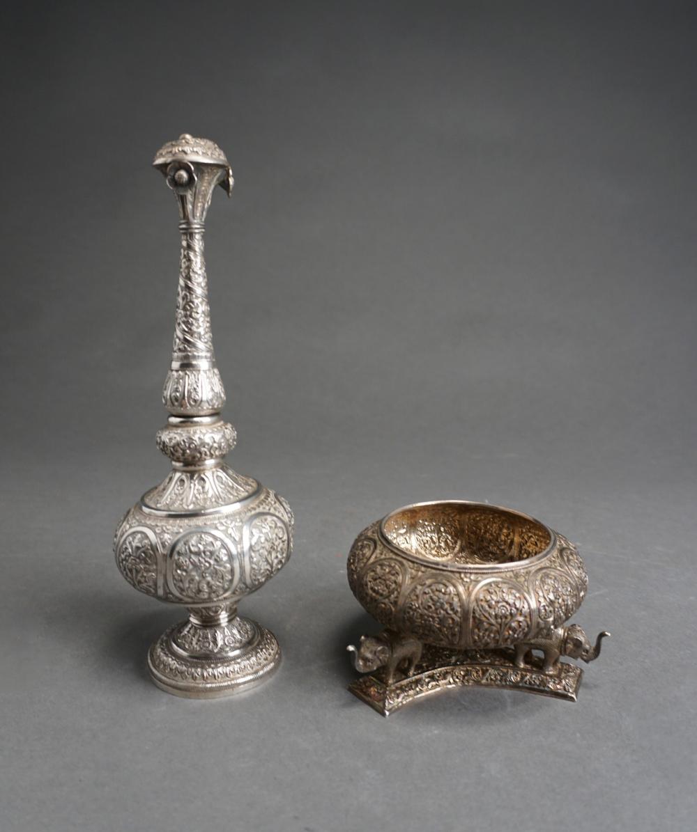 Appraisal: TESTED LOW-PURITY SILVER ROSEWATER DISPENSER AND TRIFID CENSER H BOTTLE