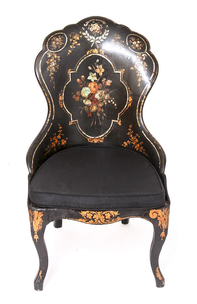 Appraisal: Victorian Lacquered MOP Shaped-Back Side Chair Victorian curved shaped-back boudoir