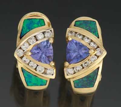 Appraisal: A Pair of Tanzanite and Opal Earrings k yellow gold