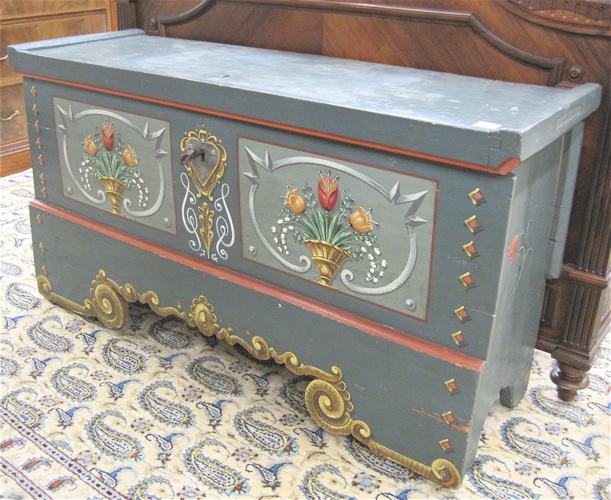 Appraisal: PAINT-DECORATED PINE DOWER CHEST the lift top concealing a divided