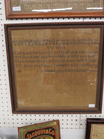 Appraisal: Sampler alphabet and verse by Martha C Moore square