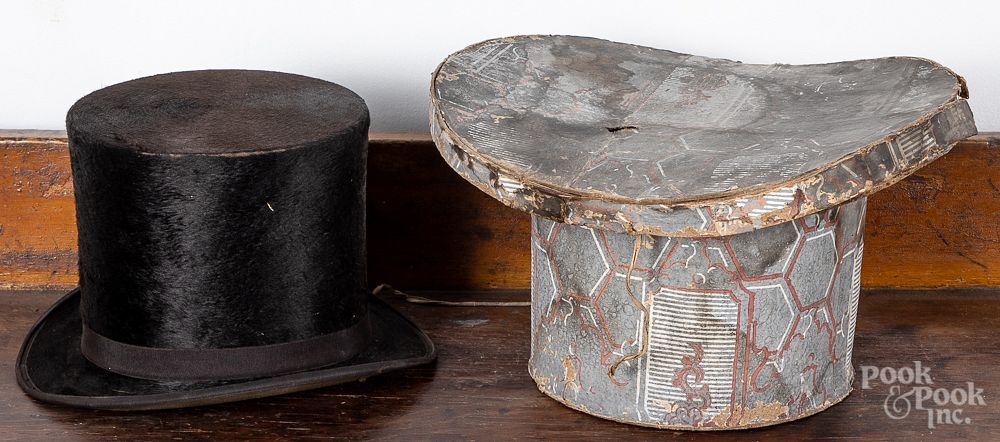 Appraisal: Wallpaper hatbox top hat Wallpaper hatbox th c with beaver