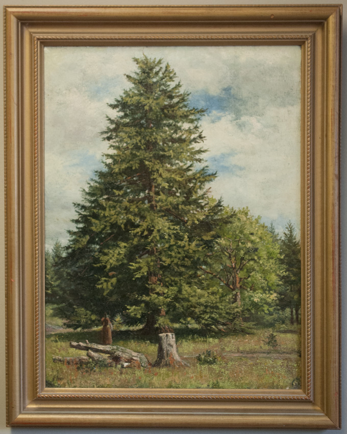 Appraisal: OIL ON CANVAS depicting a meadow with a large cedar