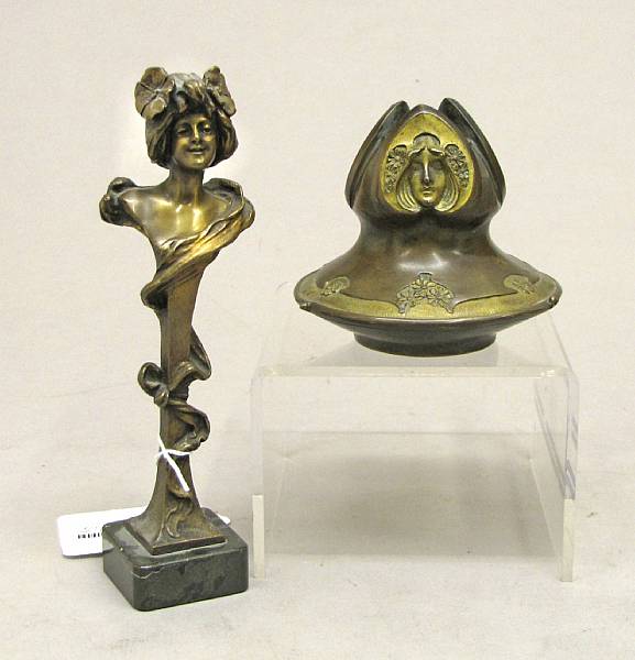 Appraisal: Two Art Nouveau patinated and gilt bronze figural desk articles