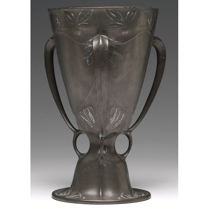 Appraisal: Kayserzinn trophy vase large form with three handles in hammered