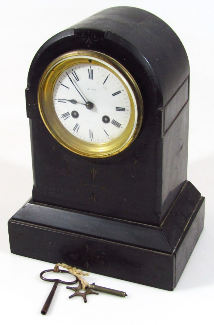 Appraisal: A late thC black slate mantel clock of domed outline