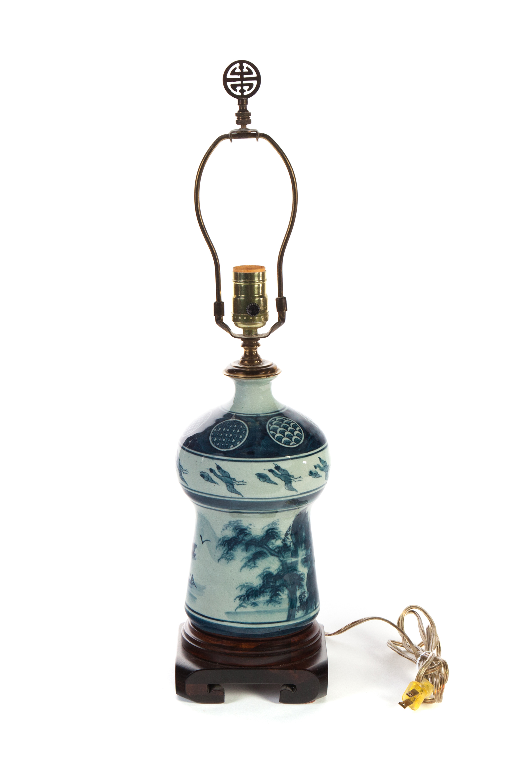 Appraisal: ASIAN CELADON LAMP WITH COBALT DECORATION Twentieth century Shapely vase