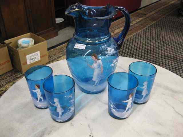 Appraisal: Victorian Mary Gregory Art Glass Pitcher with mugs enameled boy