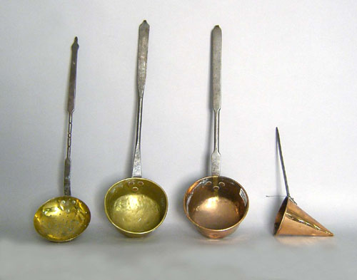 Appraisal: Four brass and copper utensils th c to include dippers