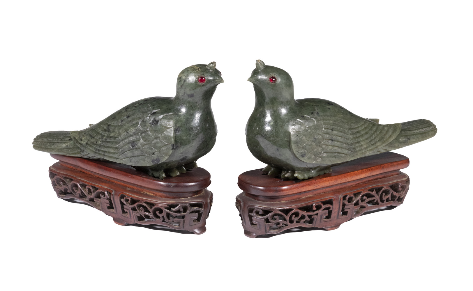 Appraisal: PR CHINESE JADE BIRDS WITH STANDS Pair of Carved Spinach