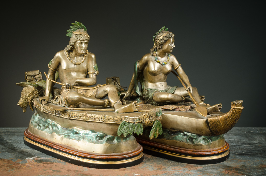 Appraisal: AFTER CHARLES M RUSSELL American - pair polychrome gilt bronze