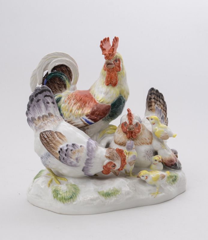 Appraisal: MODERN MEISSEN PORCELAIN GROUP OF ROOSTER HENS AND CHICKS Marked