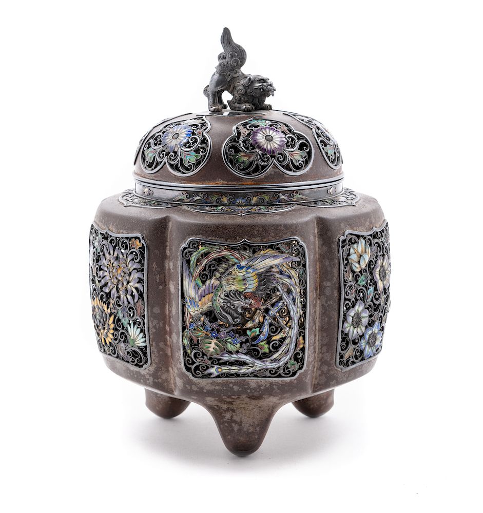 Appraisal: A Japanese Enamel and Bronze Reticulated Covered Incense Burner Koro