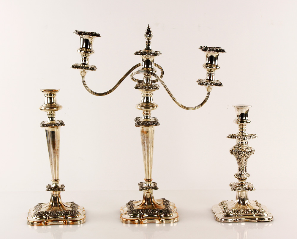 Appraisal: - English Silver Plate Candelabra and Pr Candlesticks English candelabra