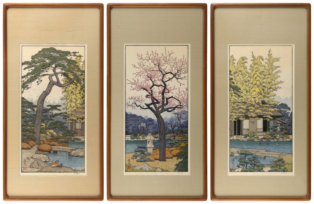 Appraisal: TOSHI YOSHIDA JAPAN - FRIENDLY GARDEN TRIPTYCH PLUM TREE PINE