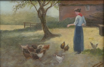 Appraisal: Edward James American th Century Feeding chickens Oil on canvas