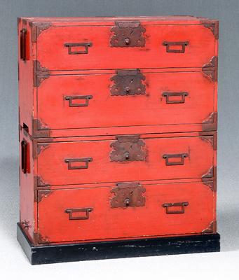 Appraisal: Asian red lacquer stacking chest two stacking sections each with