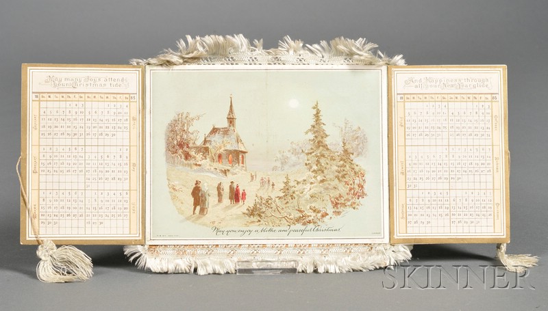 Appraisal: Victorian Lithographed Board Village Scene Christmas Card with silk fringe