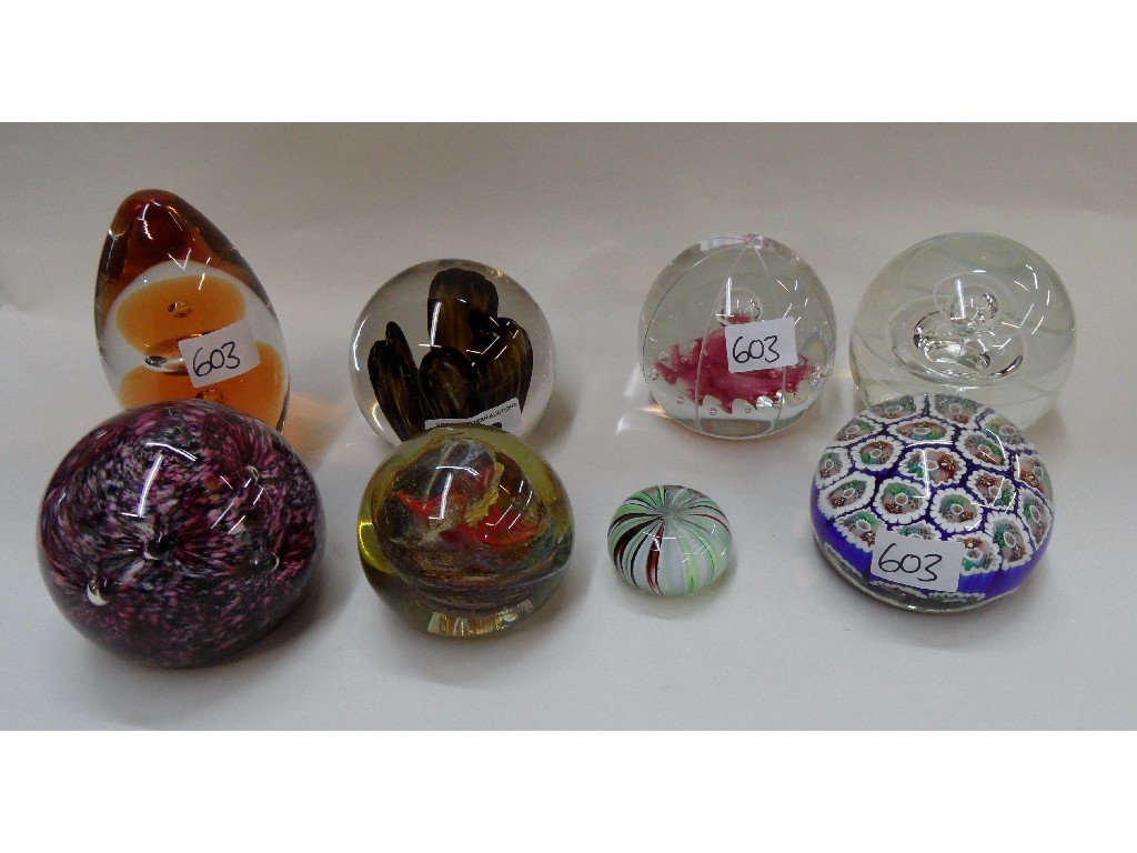 Appraisal: Eight assorted glass paperweights to include Caithness Wedgwood etc