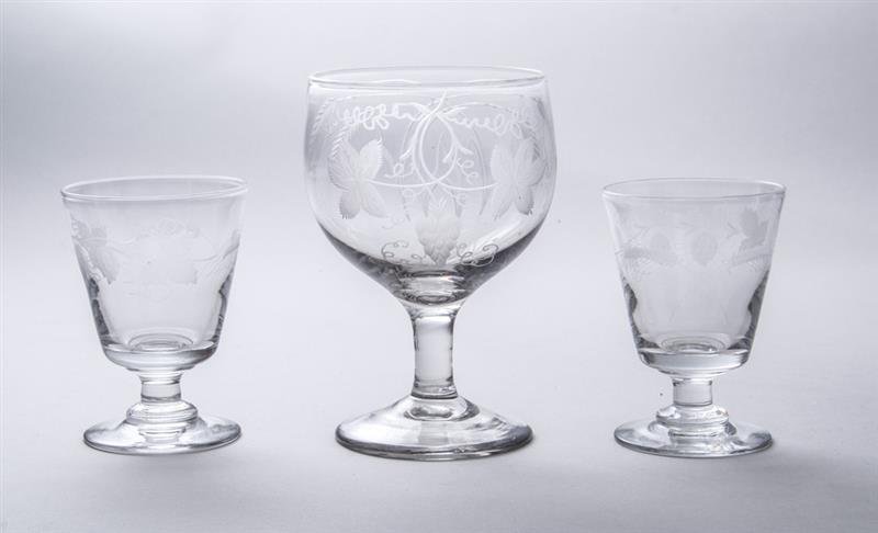 Appraisal: PAIR OF ENGLISH BLOWN GLASS ENGRAVED RUMMERS Together with a