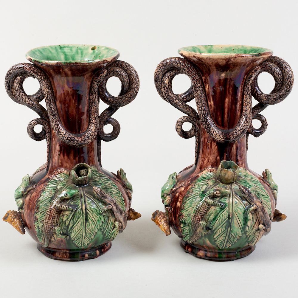 Appraisal: Pair of Caldas Portuguese Pottery Palissy Style Vases Impressed mark