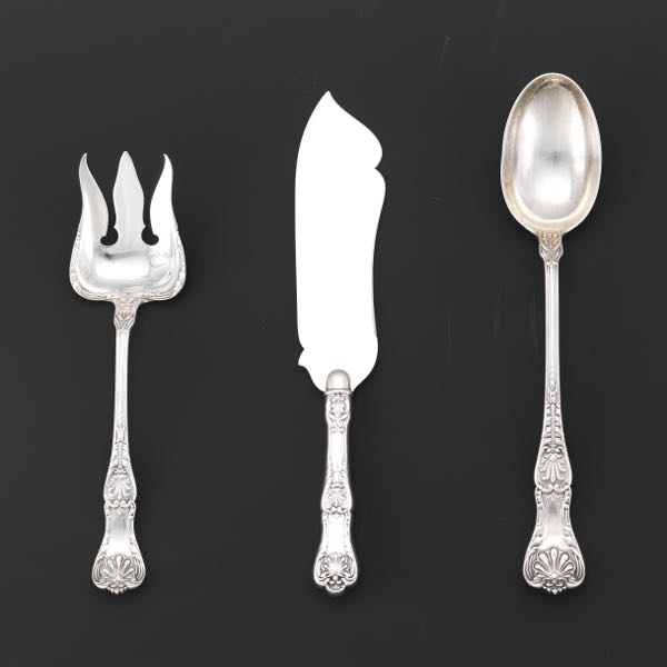 Appraisal: THREE GORHAM STERLING SILVER LARGE SERVING UTENSILS KING PATTERN Including