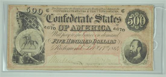 Appraisal: Very Scarce Confederate Note FR CS dated color pink and