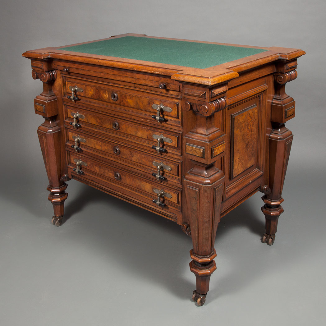 Appraisal: American Renaissance Revival Burl-Walnut Folio Cabinet The rectangular top above