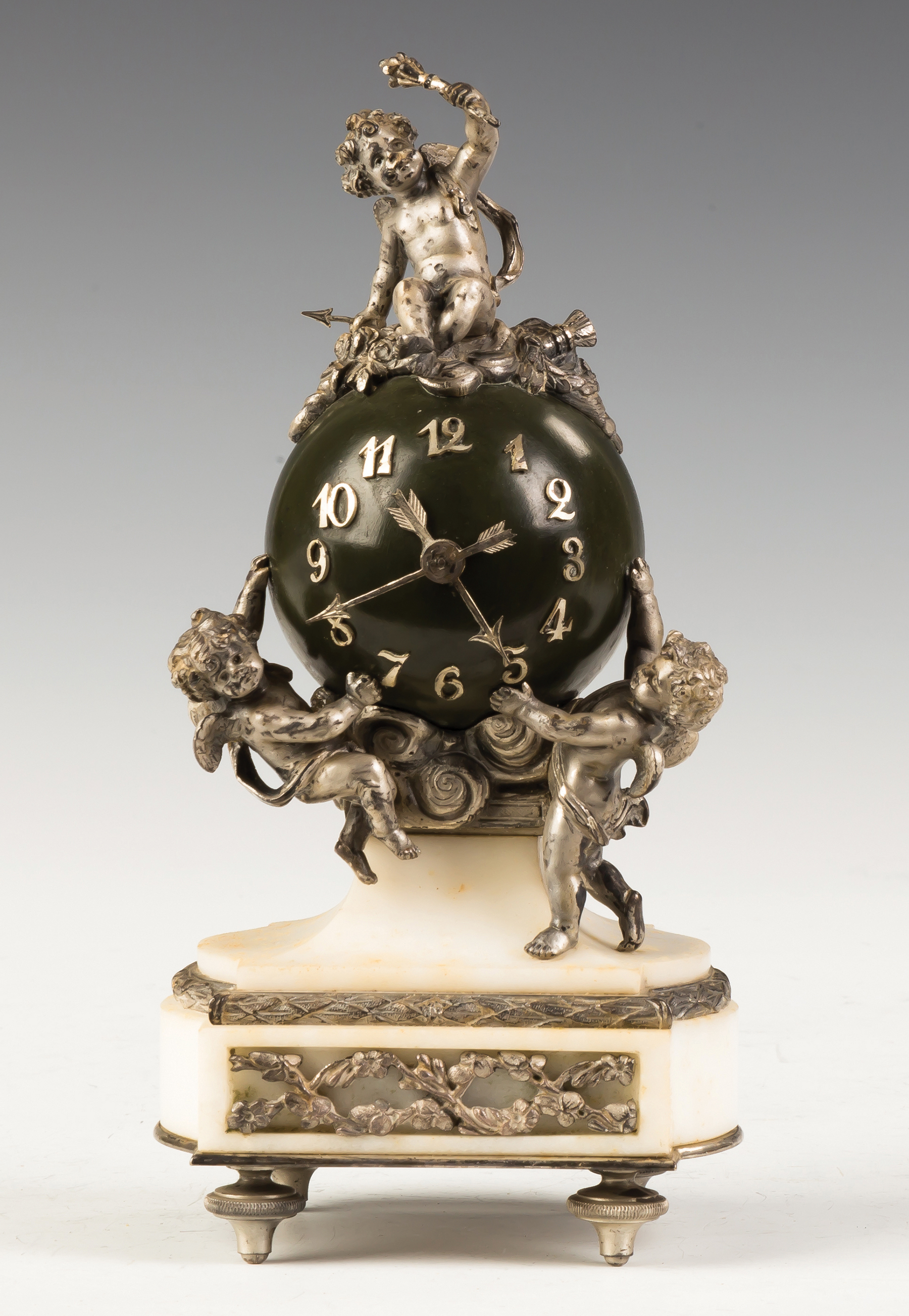 Appraisal: French Miniature Patinaed Metal and Marble Cherub Clock th Century