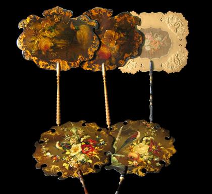 Appraisal: Group of five papier mache hand screens th century Pair