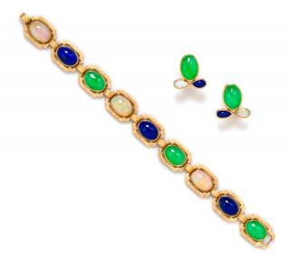 Appraisal: A Yellow Gold Jade Lapis Lazuli and Opal Demi Parure