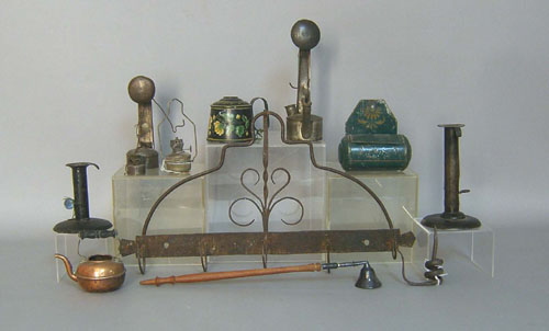 Appraisal: Metalware to include a tin fat lamp iron utensil rack