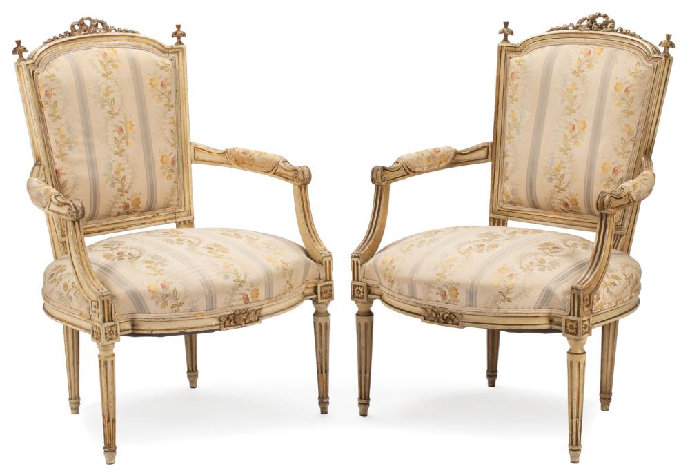 Appraisal: Pair of Louis XVI-Style Painted and Parcel Gilt Upholstered Fauteuils