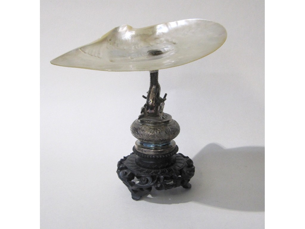 Appraisal: Oriental silver and abalone shell tazza the stem modelled as