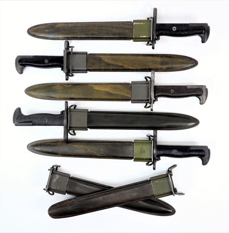 Appraisal: FIVE DANISH M GARAND BAYONETS AND TWO SCABBARDS Denmark Five