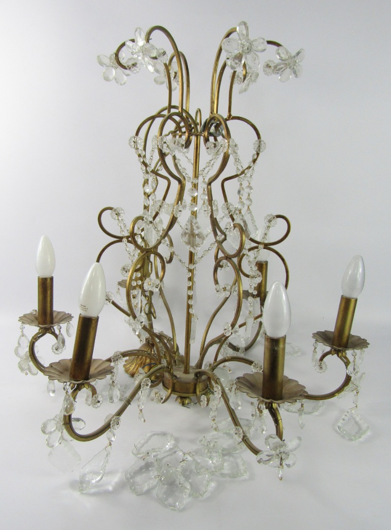 Appraisal: A gilt metal and cut glass six branch chandelier cm