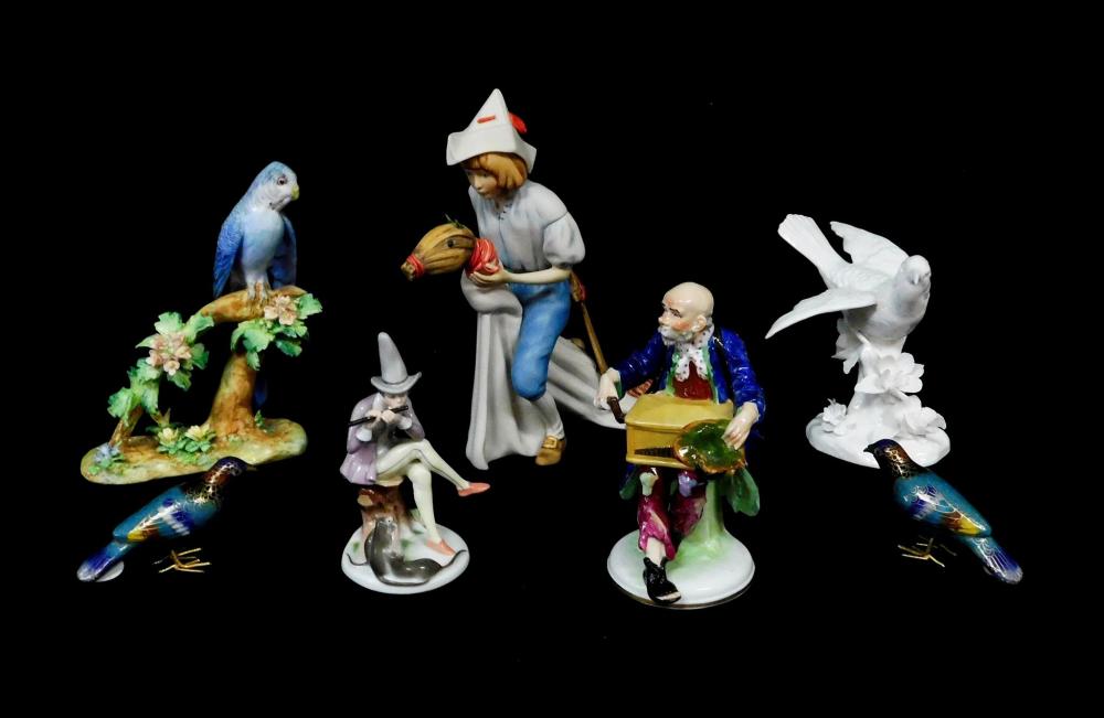 Appraisal: Seven ceramic figures including Crown Staffordshire Blue Parakeet on branch