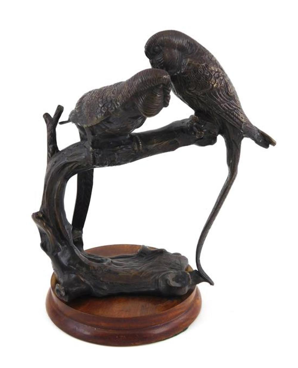 Appraisal: th th C bronze sculpture depicting pair long-tailed parakeets roosting