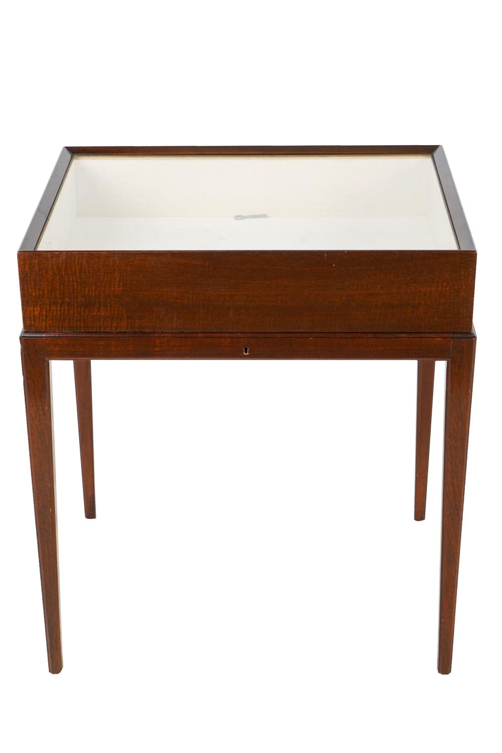 Appraisal: MAHOGANY GLASS TABLE VITRINEwith velvet lined interior inches wide inches