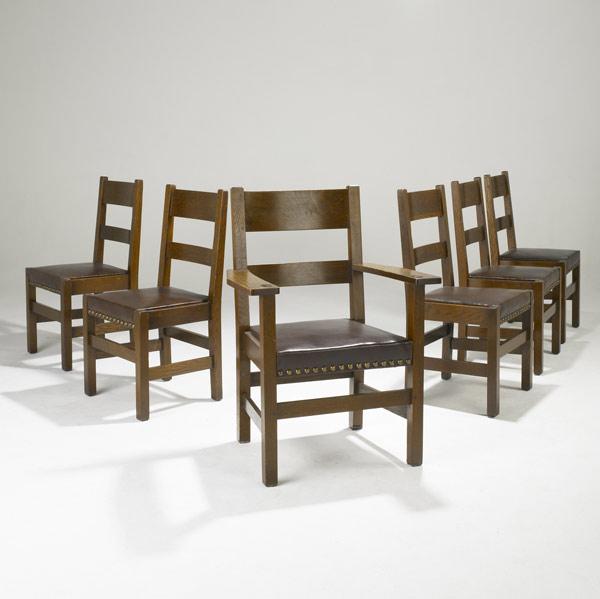 Appraisal: L J G STICKLEYSix ladderback dining chairs with tacked on