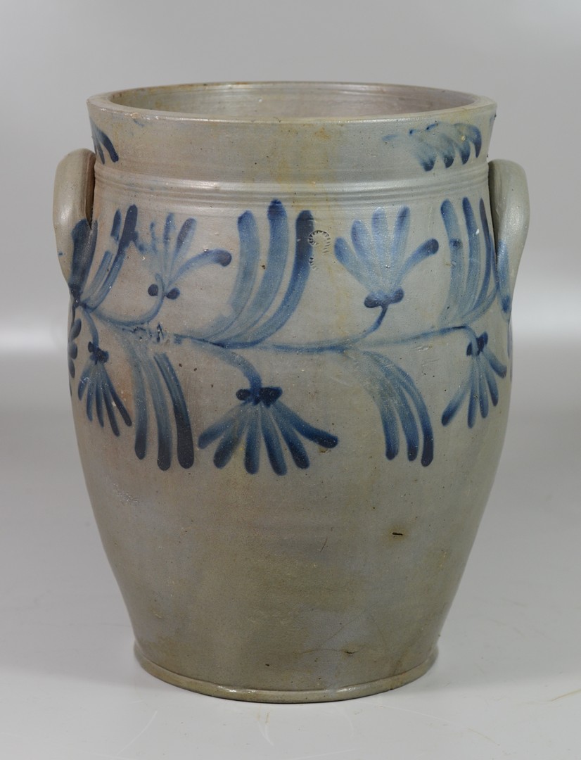 Appraisal: gallon blue floral decorated stoneware jar no signatures or marks