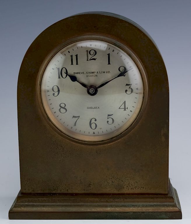 Appraisal: Chelsea Shreve Crump Low Brass Mantle Shelf Clock Chelsea brass