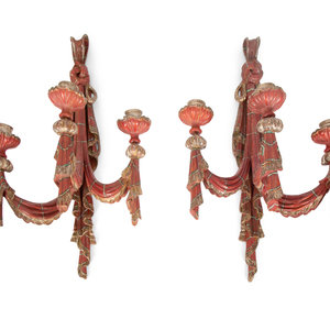 Appraisal: A Pair of Venetian Style Painted and Silver-Gilt Wood Three-Light