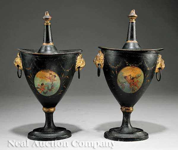 Appraisal: A Good Pair of French T le Peinte Chestnut Urns