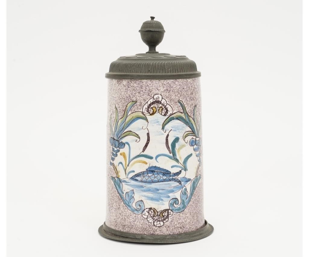 Appraisal: German faience stein with pewter lid th c decorated with